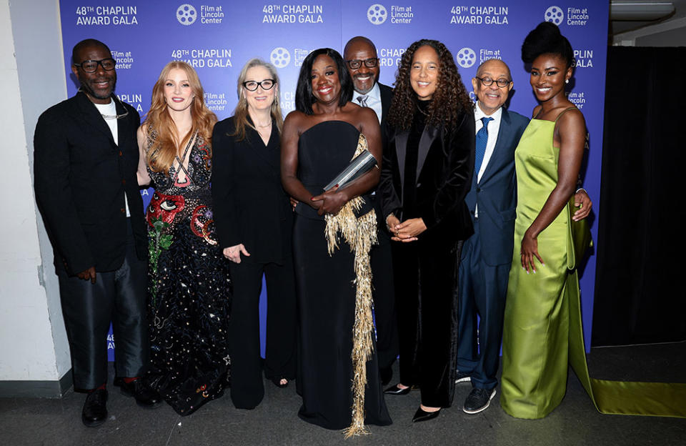 (L-R) Steve McQueen, Jessica Chastain, Meryl Streep, Julius Tennon, Viola Davis, Gina Prince-Bythewood, George C. Wolfe and Jayme Lawson attend the 2023 Chaplin Award Gala honoring Viola Davis at Alice Tully Hall, Lincoln Center on April 24, 2023 in New York City.