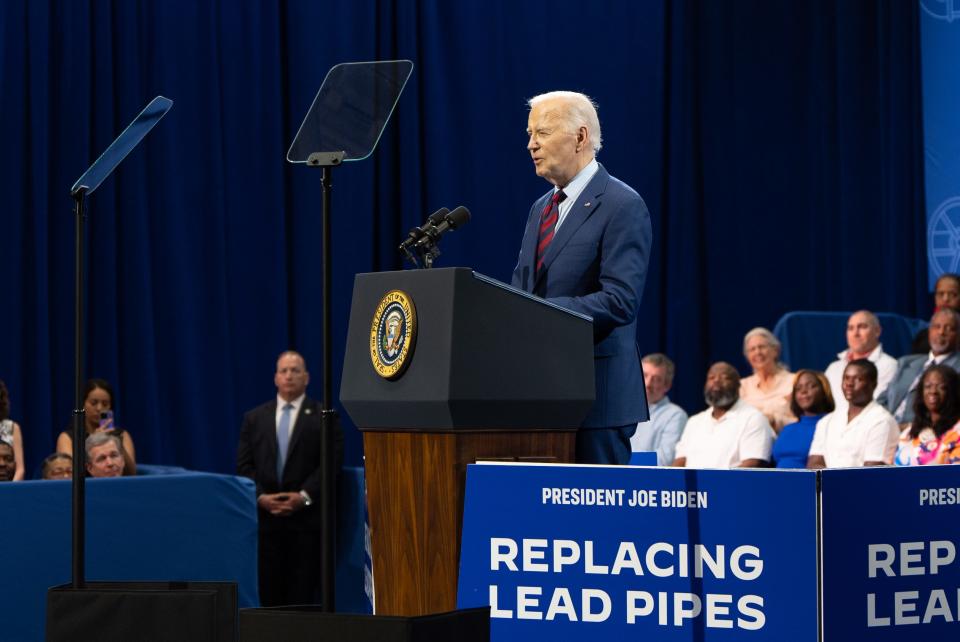 President Joe Biden speaks at the Wilmington Convention Center on Thursday, May 2, 2024.