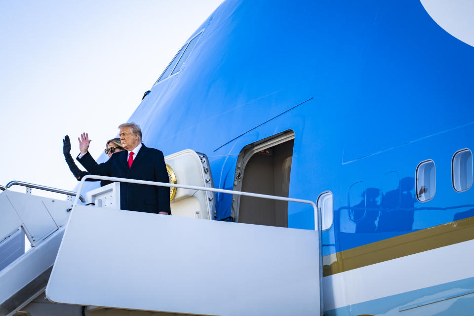 JOINT BASE ANDREWS, MARYLAND - JANUARY 20: President Donald Trump and First Lady Melania Trump board Air Force One at Joint Base Andrews before boarding Air Force One for his last time as President on January 20, 2021 in Joint Base Andrews, Maryland. Trump, the first president in more than 150 years to refuse to attend his successor's inauguration, is expected to spend the final minutes of his presidency at his Mar-a-Lago estate in Florida. (Photo by Pete Marovich - Pool/Getty Images)