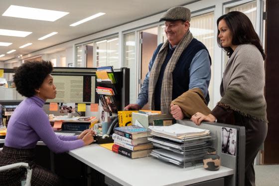 From left: Sinclair Daniel, Brian Baumgartner, and Bellamy Young in <i>The Other Black Girl</i><span class="copyright">Wilford Harwood—Hulu</span>