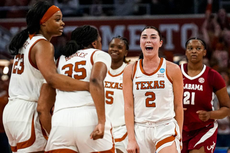 Texas guard Shaylee Gonzales and the Longhorns celebrate Sunday's 65-54 win over Alabama in the second round of the women's NCAA Tournament at Moody Center. Texas, one of four No. 1 seeds, will play in the Sweet 16 this weekend. The Longhorns used their size advantage inside to control the Crimson Tide.