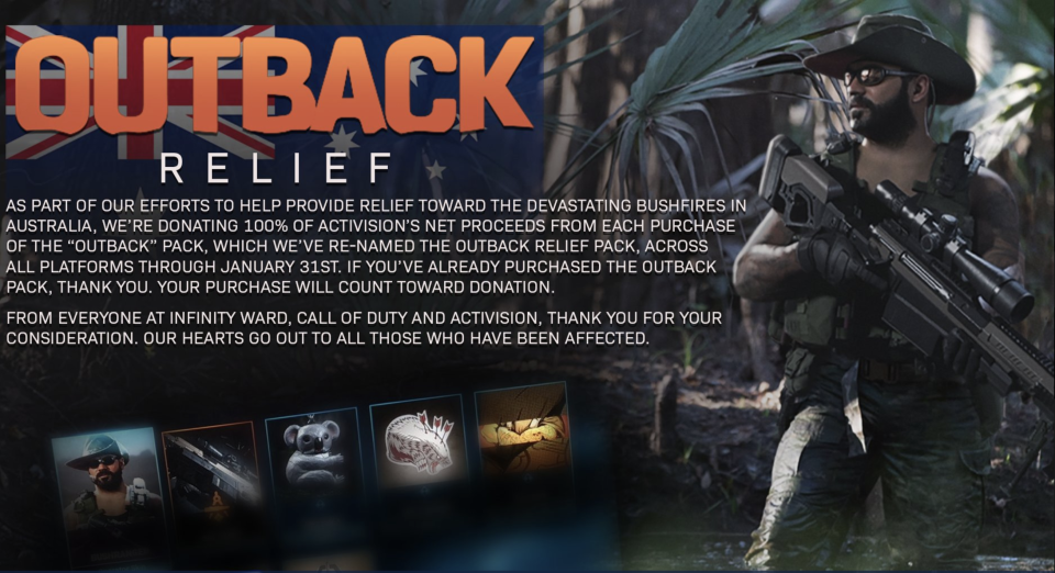 Activision-Blizzard is giving 100% of the proceeds from sales of its Outback Relief Pack in the game 'Call of Duty' to fire fighting efforts. (Image: Activision Blizzard)