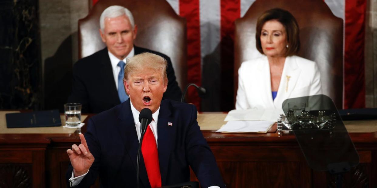 President Donald Trump delivers his State of the Union address to a joint session of Congress on Capitol Hill in Washington, Tuesday, Feb. 4, 2020, as Vice President Mike Pence and House Speaker Nancy Pelosi, D-Calif., watch.