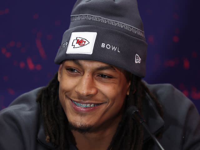 <p>Perry Knotts/Getty </p> Isiah Pacheco #10 of the Kansas City Chiefs speaks with the media during Super Bowl LVIII Opening Night on February 5, 2024 in Las Vegas, NV.