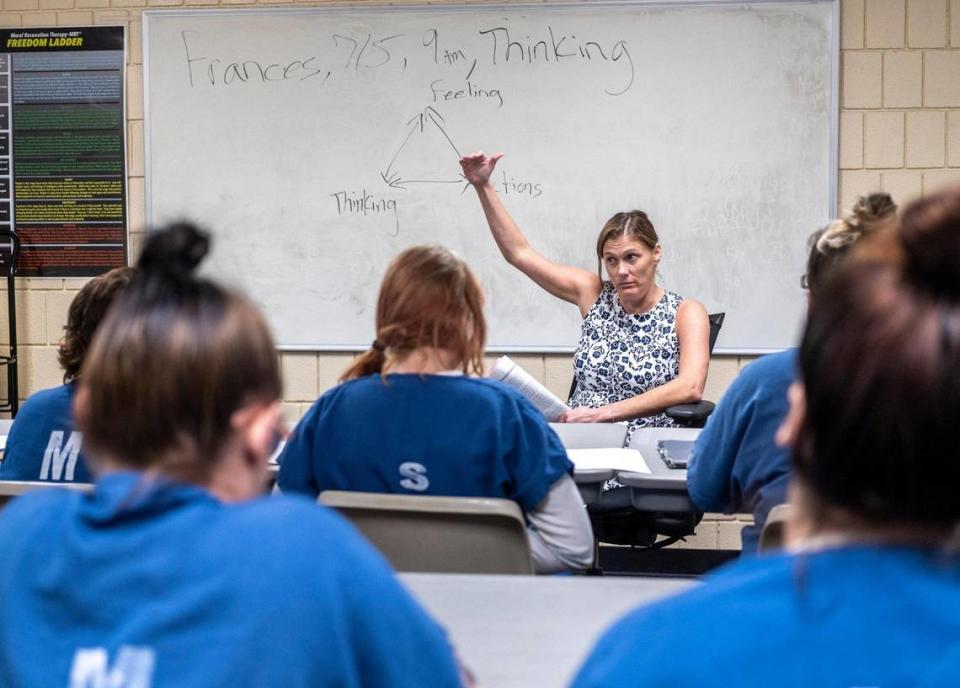 Francis Tufts, an addiction councilor at J. Reuben Long Detention Center councils female detainees. With new classes at J.Reuben Long Detention Center, women are able to take part in “Next Step” addition recovery classes as part of the jail’s pretrial intervention program. July 5, 2023.