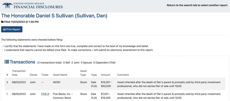 Sen. Dan Sullivan financial disclosure