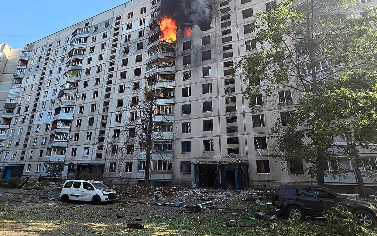 The Russian glide bomb destroyed the apartment building leaving debris and rubble covering the ground outside