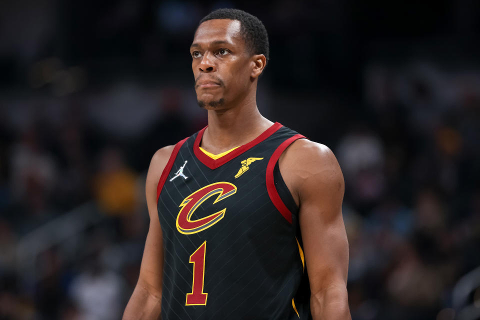 Rajon Rondo #1 of the Cleveland Cavaliers looks on in the first quarter against the Indiana Pacers at Gainbridge Fieldhouse on February 11, 2022 in Indianapolis, Indiana. NOTE TO USER: User expressly acknowledges and agrees that, by downloading and or using this Photograph, user is consenting to the terms and conditions of the Getty Images License Agreement. (Photo by Dylan Buell/Getty Images)