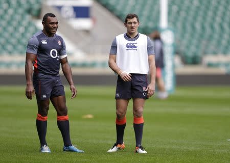 Britain Rugby Union - England Training - Twickenham Stadium - 18/11/16 England's Semesa Rokoduguni and Alex Goode during training Action Images via Reuters / Henry Browne