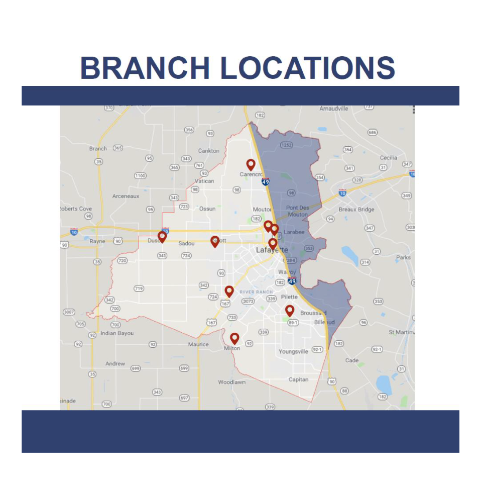 A map highlighting Lafayette Parish's lack of library locations on the east side of Interstate 49, an area of more than 35,000 people.