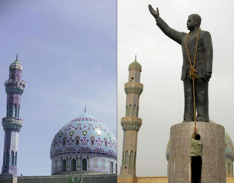 Esta combinación de imágenes muestra la cúpula y el minarete de la Mezquita del Ramadán en la emblemática plaza Fardous de Bagdad  el 9 de abril de 2003, que muestra a un hombre iraquí colgando un cuerda alrededor de una estatua del expresidente Saddam Hussein en el mismo lugar antes de que fuera derribada tras su caída como resultado de la invasión de Irak liderada por Estados Unidos tres semanas antes. (AHMAD AL-RUBAYE and Patrick BAZ / AFP)