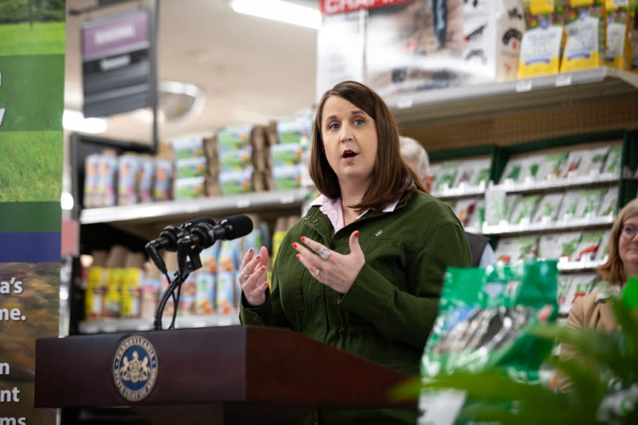 Agriculture Secretary Redding, Bureau of Plant Industry Director Frank Schneider, and industry partners joined together to highlight the recent changes to the ‘fertilizer law’ and discuss how homeowners can be good stewards of their land by using fertilizer appropriately on their properties. Pictured here is Jill Whitcomb, DEP, Director of Watershed Restoration, delivering remarks during the event.