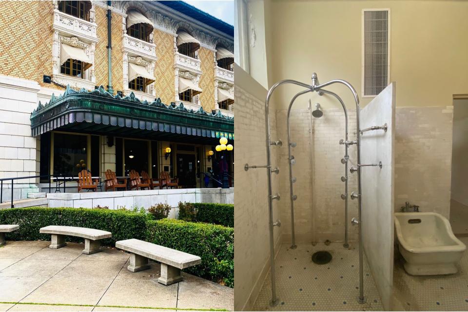 Exterior of Fordyce Bathhouse and the needle shower and sitz bat inside in Hot Springs National Park in Arkansas