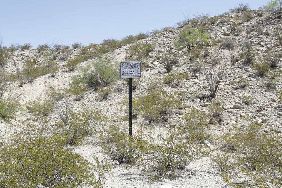 A no-trespassing sign installed this week by the city of Sunland Park, N.M., is seen Tuesday, April 23, 2019. The city put up the sign to discourage citizen immigration patrols by members of the United Constitutional Patriots. The group gained national attention after filming themselves detaining immigrants who cross the border to the east where the wall ends. (AP Photo/Cedar Attanasio)