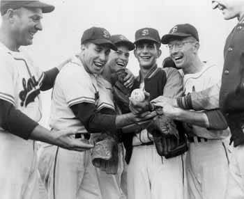 FSU coach Danny Litwhiler, Lee Corso, Bob Vaughn, Tony Avitable and Riley Seevers with the 24 strikeout ball.