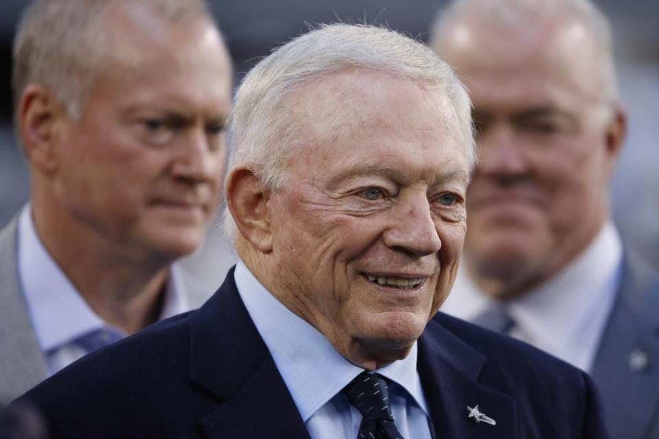 Dallas Cowboys owner Jerry Jones is seen with his sons Jerry Jr. and Steven before an NFL football game against the Chicago Bears Sunday, Oct. 30, 2022, in Arlington, Texas. (AP Photo/Ron Jenkins)