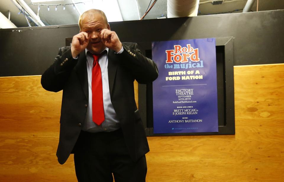 Geoff Stone performs during auditions for "Rob Ford The Musical: The Birth of a Ford Nation" in Toronto, June 16, 2014. Toronto Mayor Rob Ford, who shot to prominence last year after admitting to smoking crack, buying illegal drugs and driving after drinking, insisted for months he did not have a problem. But last month he said he would take time off to deal with his drinking issues. REUTERS/Mark Blinch (CANADA - Tags: POLITICS SOCIETY ENTERTAINMENT)