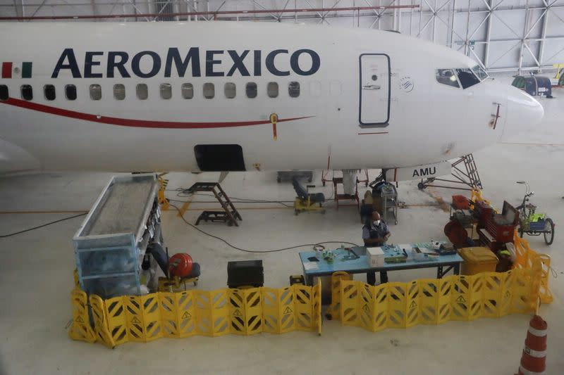 Planes of the Mexican airline Aeromexico in hangars at Benito Juarez International airport in Mexico City