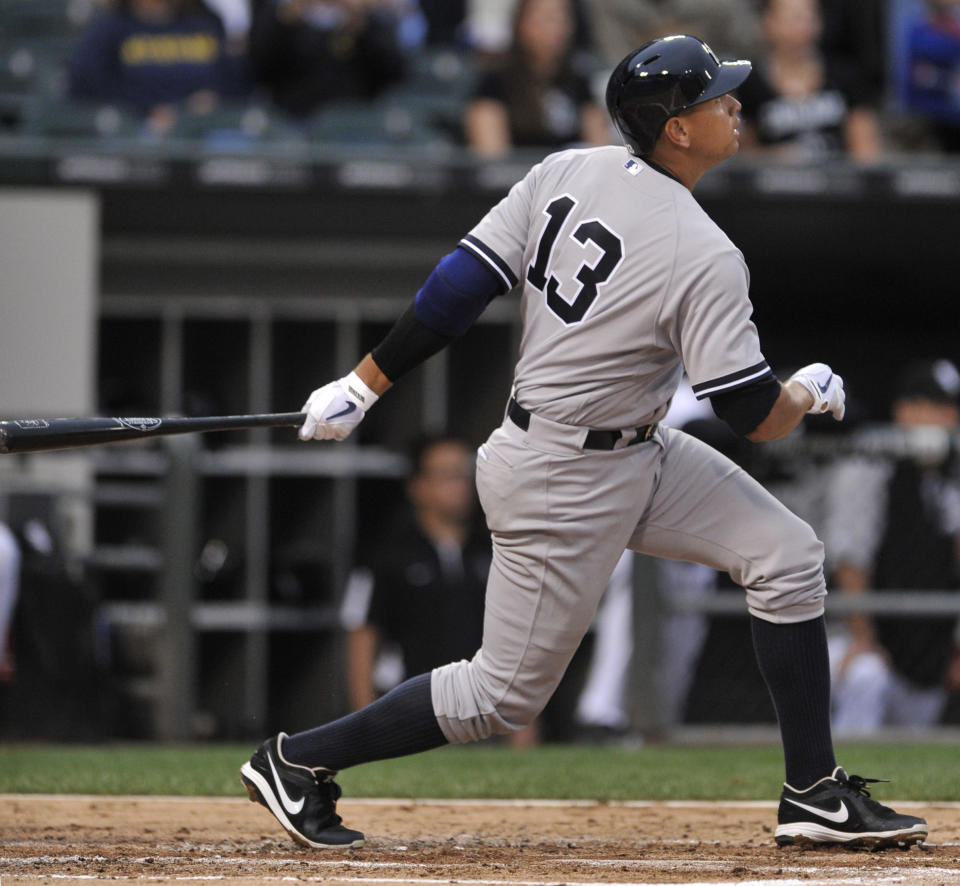 New York Yankees' Alex Rodriguez watches his single during the second inning of a baseball game against the Chicago White Sox in Chicago, Monday, Aug. 5, 2013. (AP Photo/Paul Beaty)