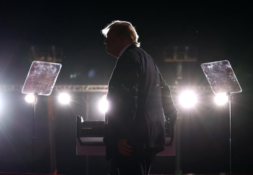 Former President Donald Trump speaks during a campaign rally at Minden-Tahoe Airport on October 08, 2022, in Minden, Nevada.