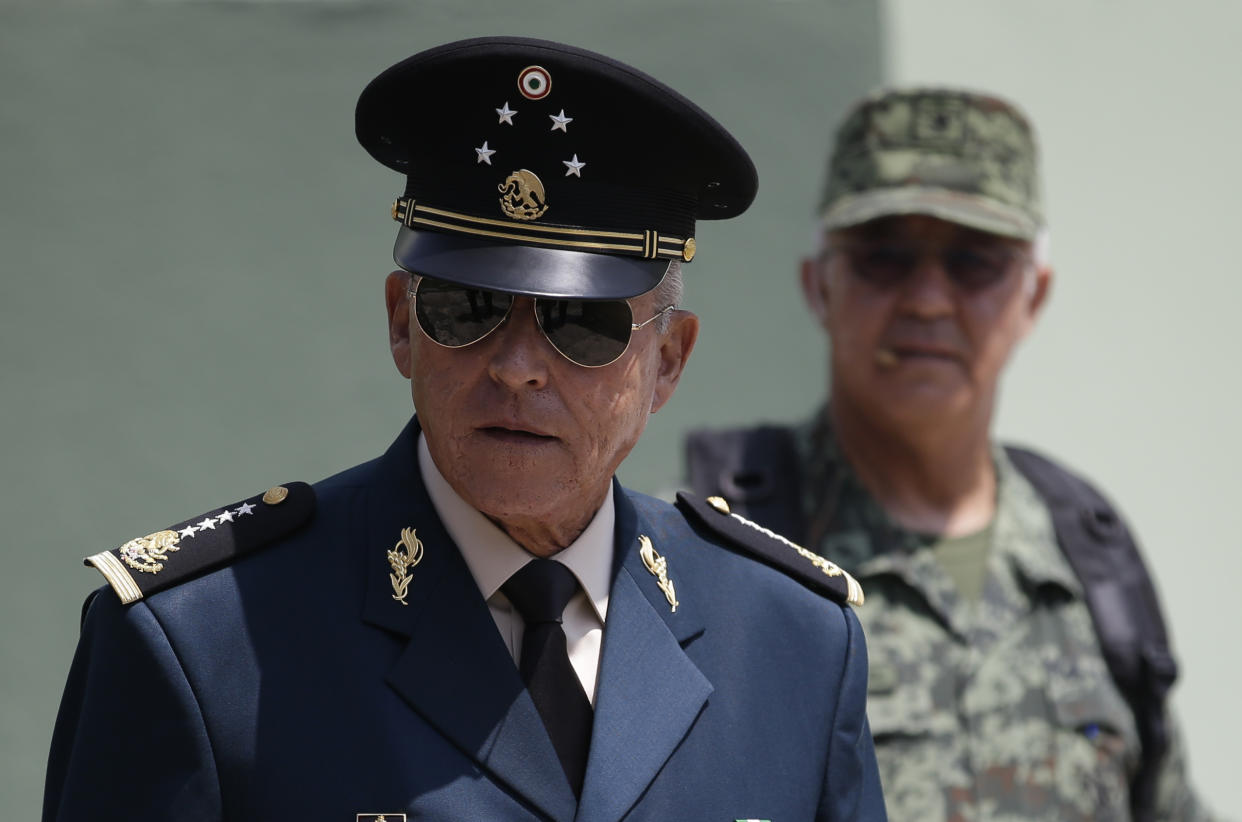 Secretary of Defense Salvador Cienfuegos Zepeda arrives for a review of the troops that will participate in the Independence Day parade, in Mexico City, Wednesday, Sept. 14, 2016. Thousands will gather in Mexico City's main square, known as the Zocalo, on Friday for a massive military parade to commemorate Mexico's independence from Spain.(AP Photo/Rebecca Blackwell)