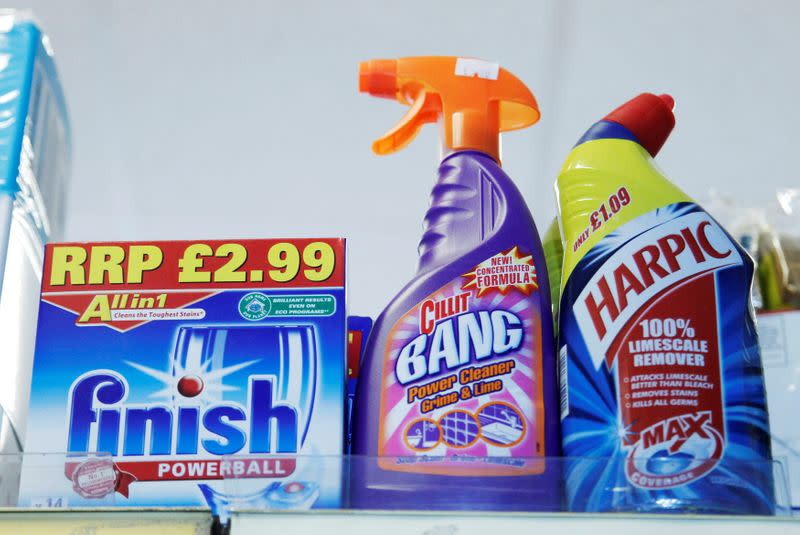 FILE PHOTO: Products made by Reckitt Benckiser stand on a shelf in a store in Brighton southern England