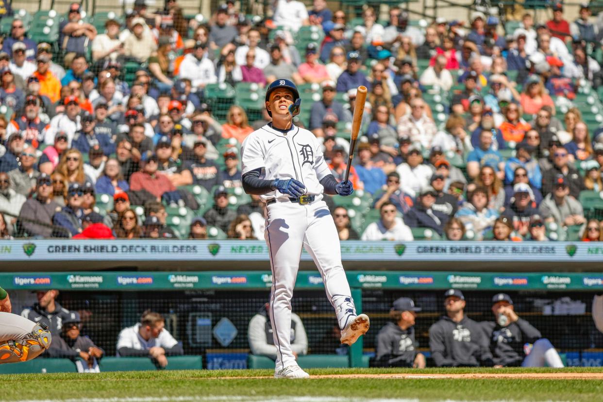 Tigers third baseman Gio Urshela looks on while at bat during the game against the Athletics on Sunday, April 7, 2024, at Comerica Park.