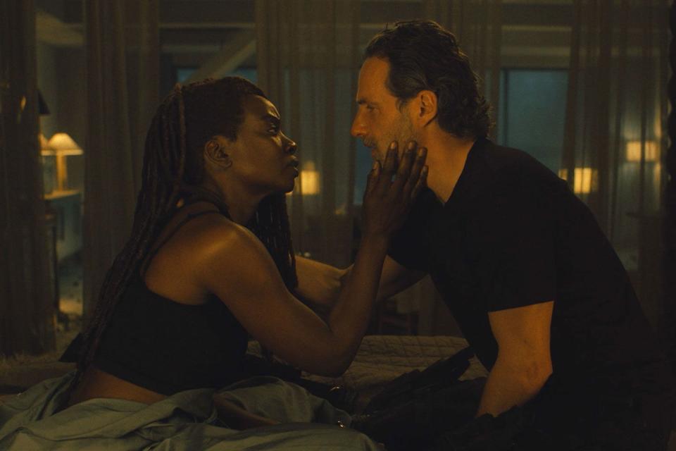 <p>Gene Page/AMC</p> Michonne (Danai Gurira) and Rick (Andrew Lincoln) share an intimate moment on 