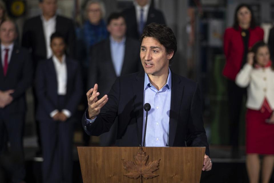 Prime Minister Justin Trudeau speaks to the media at the McMaster Automotive Resource Centre, in Hamilton, Ont., during the Liberal Cabinet retreat on Jan. 25, 2023. THE CANADIAN PRESS/Nick Iwanyshyn