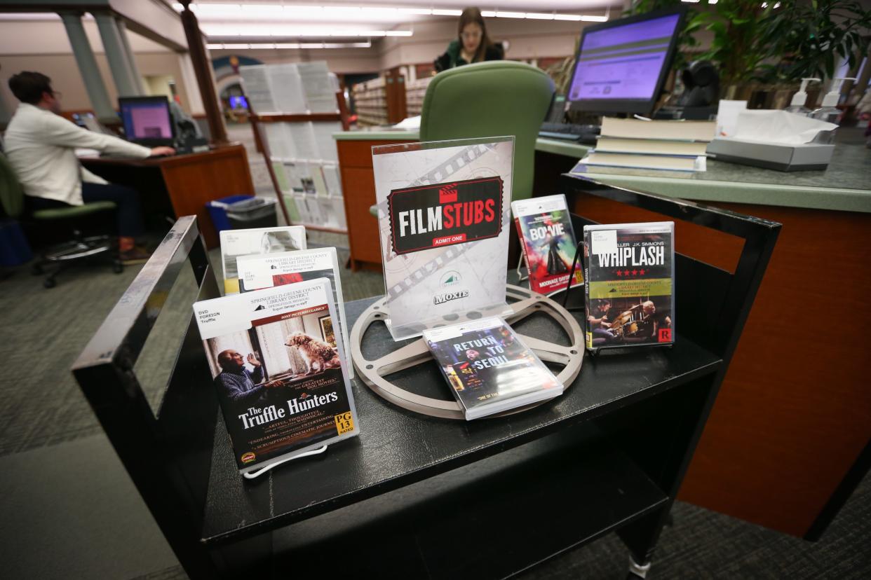 A display for FilmStubs, a programming collaboration between the Friends of the Library and Moxie Cinema, at The Library Center on Friday, Jan. 19, 2024. Each month, the two organizations partner to screen a free movie at the Moxie.