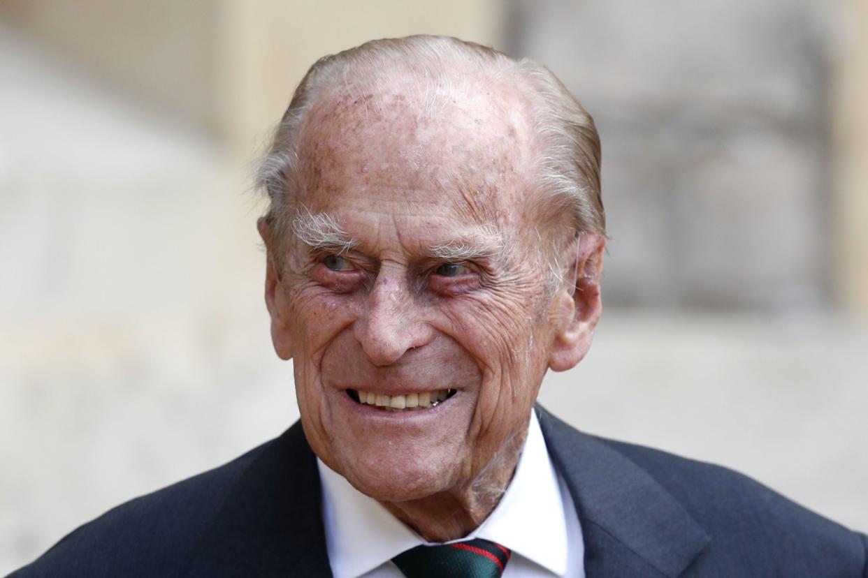FILE - In this Wednesday July 22, 2020 file photo, Britain's Prince Philip arrives for a ceremony for the transfer of the Colonel-in-Chief of the Rifles from himself to Camilla, Duchess of Cornwall, at Windsor Castle, England. 