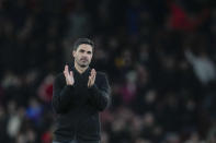 Arsenal's manager Mikel Arteta applauds at the end of the English Premier League soccer match between Arsenal and Chelsea at Emirates Stadium in London, Tuesday, April 23, 2024. (AP Photo/Kin Cheung)