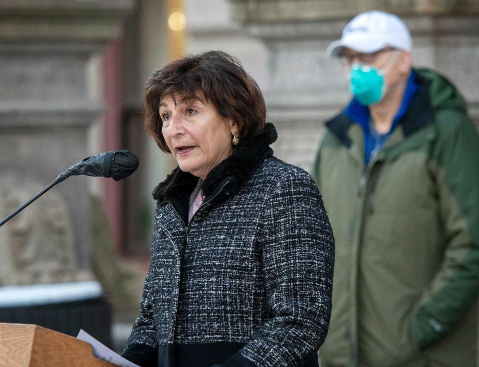 Worcester Health Commissioner Dr. Matilde Castiel speaks at the city's weekly coronavirus press conference at City Hall on Dec. 11, 2020. Behind her is Dr. Michael P. Hirsh, the city’s medical director.