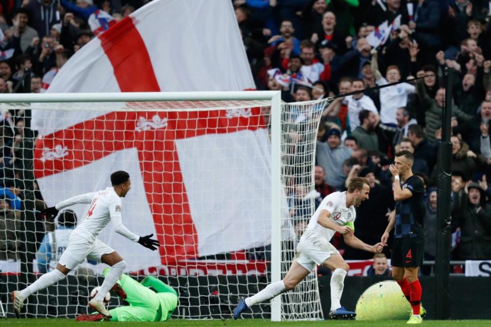 Late winner: Kane sealed the comeback win at Wembley on Sunday (AFP/Getty Images)