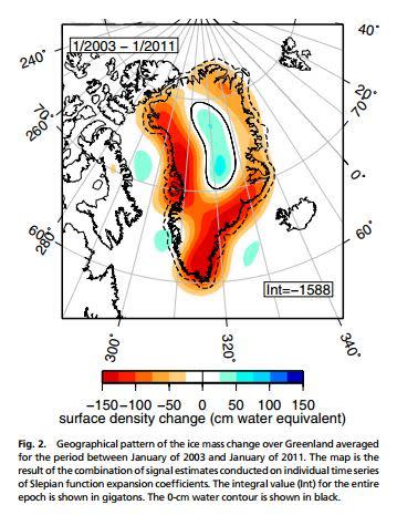 Areas shaded red indicate where ice has been lost. Light blue shows ice gain from above-average snowfall.