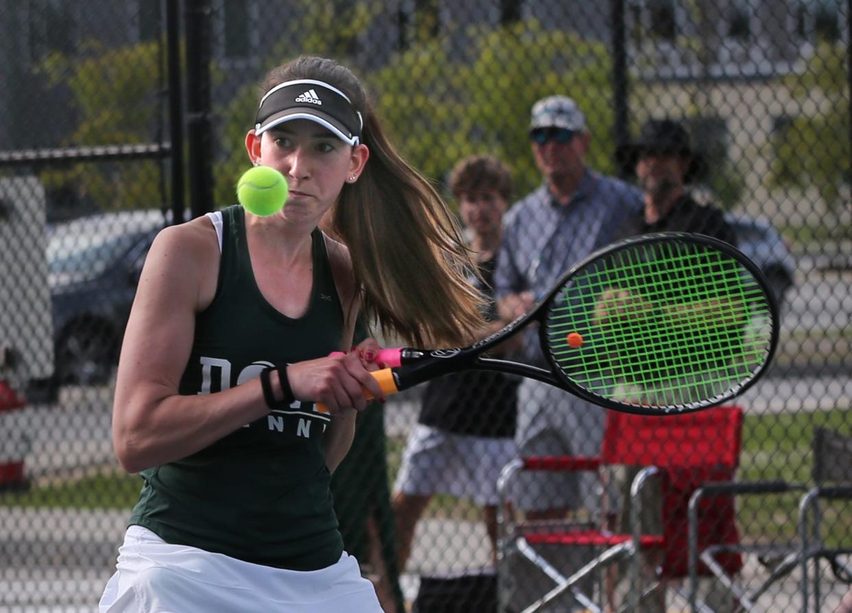 Dover's Taylor Wilson returns a shot at her No. 1 singles match during Friday's Division I girls tennis quarterfinal match against Pinkerton Academy.