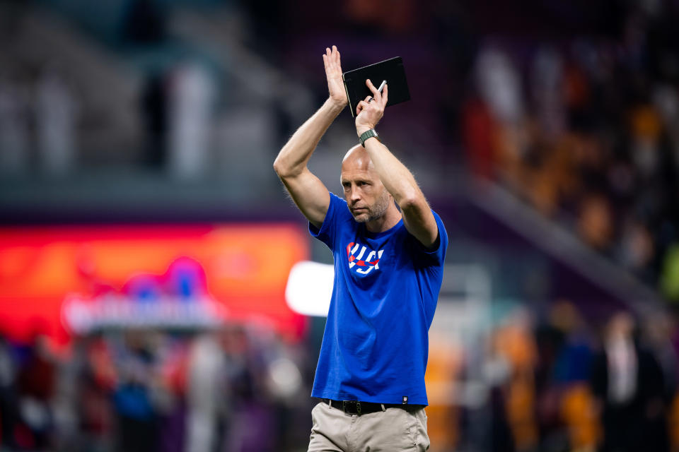 DOHA, QATAR - DECEMBER 03: Head Coach Gregg Berhalter of USA shows appreciation to the fans after the FIFA World Cup Qatar 2022 Round of 16 match between Netherlands and USA at Khalifa International Stadium on December 03, 2022 in Doha, Qatar. (Photo by Marvin Ibo Guengoer - GES Sportfoto/Getty Images)