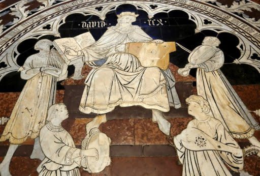 Details of the mosaic floor in the Siena cathedral are pictured in August 2012. Magnificent Renaissance mosaics in the floor have been unveiled to give visitors a rare glimpse of scenes it took local artists 500 years to create