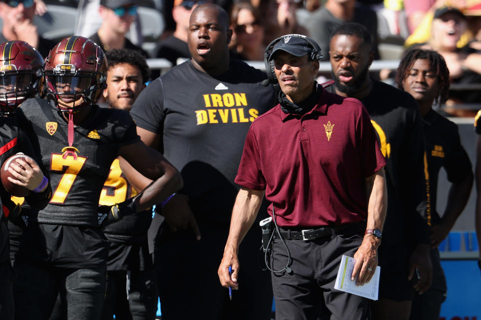 TEMPE, ARIZONA - OCTOBER 30: Head coach Herm Edwards of the Arizona State Sun Devils watches from the sidelines during the first half of the NCAAF game against the Washington State Cougars at Sun Devil Stadium on October 30, 2021 in Tempe, Arizona. (Photo by Christian Petersen/Getty Images)