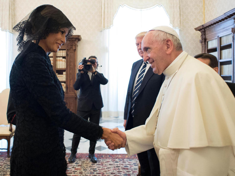 Pope jokes that Melania Trump feeds her husband Slovenian cake during Vatican meeting