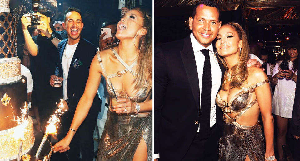 Jennifer Lopez wore a bondage inspired dress at her 50th, which she attended with fiancé Alex Rodriguez (far right). [Photo: Instagram]