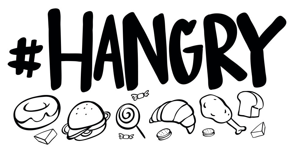 Word expression for hangry with many food illustration