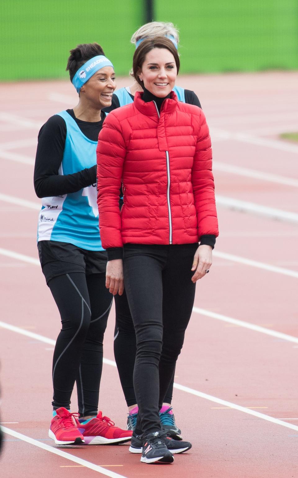 <p>For a marathon training session, the Duchess got on board with the puffer coat trend, choosing a style by French brand, Perfect Moment. She paired the look with black skinny jeans and New Balance trainers.<br><em>[Photo: PA]</em> </p>