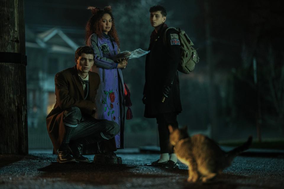 (L to R) George Rexstrew as Edwin Payne, Kassius Nelson as Crystal Palace, and Jayden Revri as Charles Rowland in episode one of *Dead Boy Detectives*.