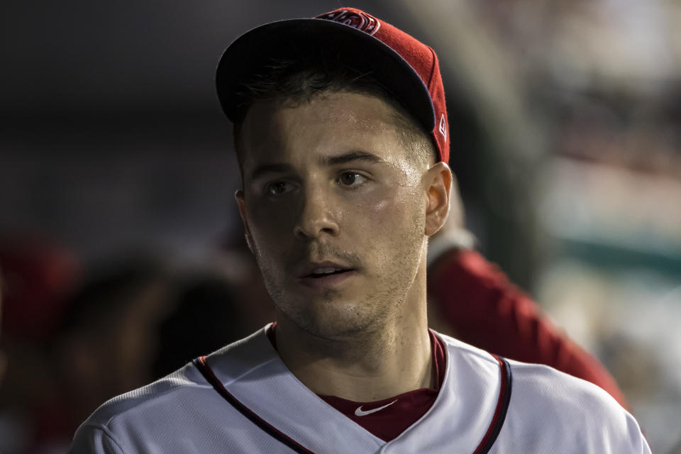 WASHINGTON, DC - JULY 24: Patrick Corbin #46 of the Washington Nationals in the dugout after pitching against the Colorado Rockies during the sixth inning of game two of a doubleheader at Nationals Park on June 24, 2019 in Washington, DC. (Photo by Scott Taetsch/Getty Images)