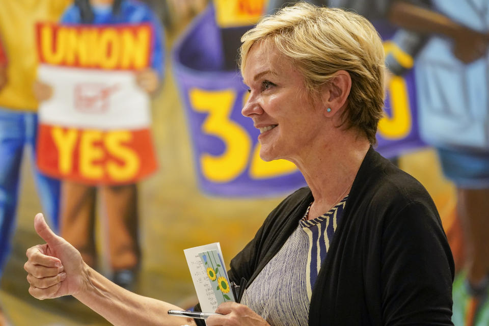 Secretary of Energy Jennifer Granholm gestures during a roundtable discussion at the Service Employees International Union 32BJ, Tuesday, June 29, 2021, in New York. Granholm is visiting the state to promote President Joe Biden's sweeping infrastructure plan. (AP Photo/Mary Altaffer)