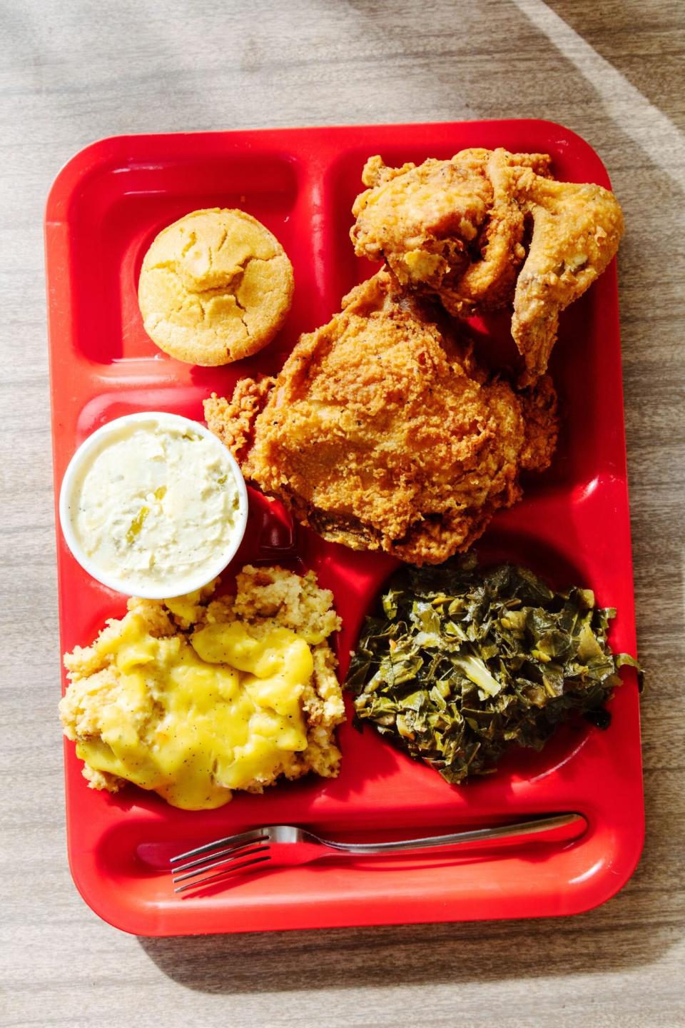 Fried chicken and spicy collard greens