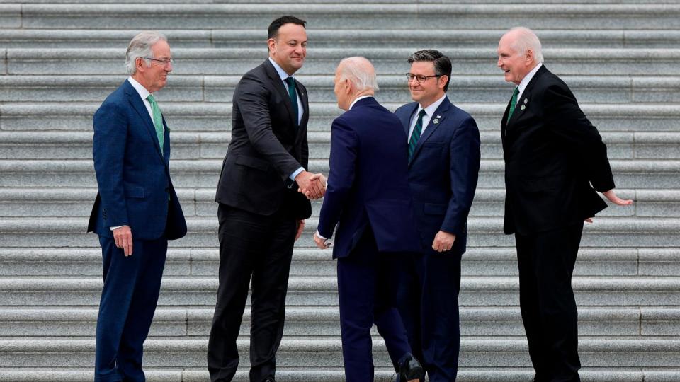 PHOTO: President Joe Biden is greeted by (L-R) , Rep. Richard Neal, Irish Taoiseach Leo Varadkar, Speaker of the House Mike Johnson and Rep. Mike Kelly as the president arrives at the U.S. Capitol, March 15, 2023, in Washington. (Chip Somodevilla/Getty Images)