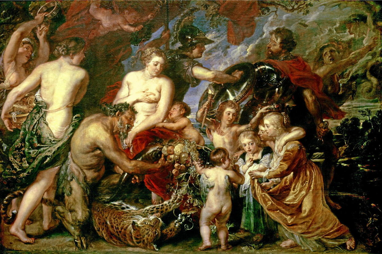 Minerve protégeant la Paix de Mars ou Paix et Guerre, de Pierre Paul Rubens, a été peint à Londres entre 1629 et 1630, lors d'une mission diplomatique du roi d'Espagne auprès de Charles Ier d'Angleterre. Il est conservé à la National Gallery de Londres.  - Credit:www.bridgemanart.com