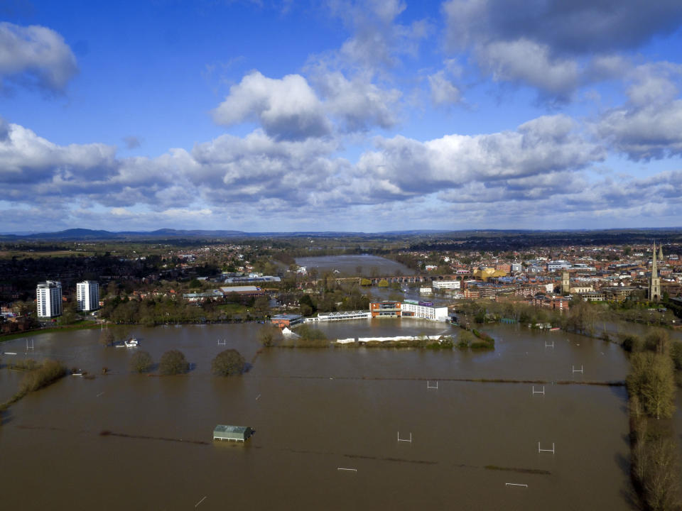 Flood water surrounds Worcester city centre , as residents in riverside properties in the area have been told to leave their homes and businesses immediately after temporary flood barriers were overwhelmed by water. (Photo by Steve Parsons/PA Images via Getty Images)